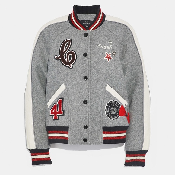 Coach Gray Metallic Patch Wool Varsity Jacket
with Red and White Details - Picture 1 of 14